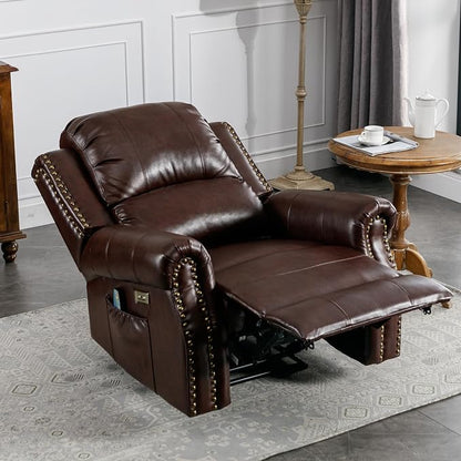 HAOMARKETS Classic Power Recliner Chair Set of 2 with Massage and Heat, Breathable Faux Leather Electric Recliner with USB Port, Overstuffed Reclining Sofa with Rivets for Living Room, Caramel Brown