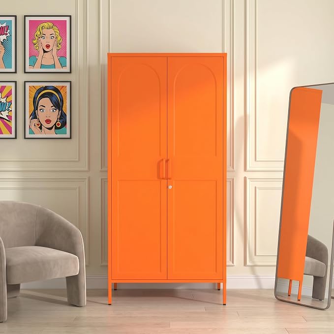 Orange Lockable Metal Storage Wardrobe, Tall Freestanding Cold Rolled Steel Cabinet with Arched Embossed Doors, Elevated Feet for Bedroom Office Storage Size：67" H x 31.5" W x 18.1" D