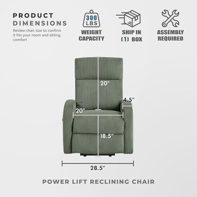 Lexicon Power Lift Recliner Chair for Elderly with Remote Control, Gentle Lift Motion, Side Pocket Armrest, Corduroy Upholstered Electric Recliner for Living Room/Bedroom, Easy Assembly, Green