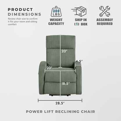 Lexicon Power Lift Recliner Chair for Elderly with Remote Control, Gentle Lift Motion, Side Pocket Armrest, Corduroy Upholstered Electric Recliner for Living Room/Bedroom, Easy Assembly, Green