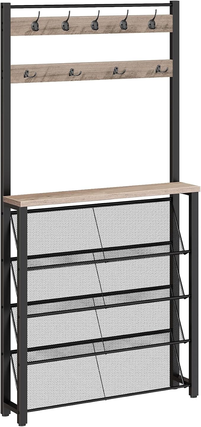 HOOBRO Hall Tree with Bench, Narrow Shoe Rack with Coat Rack, Coat Rack with Shoe Storage, 5 Tier Slanted Shoe Storage Organizer, Coat and Shoe Rack Entryway, Slim Hall Tree, Greige BG20MT01