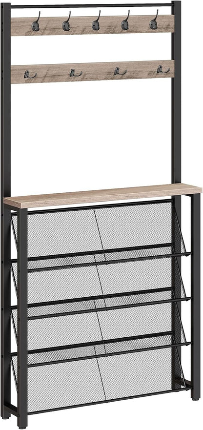 HOOBRO Hall Tree with Bench, Narrow Shoe Rack with Coat Rack, Coat Rack with Shoe Storage, 5 Tier Slanted Shoe Storage Organizer, Coat and Shoe Rack Entryway, Slim Hall Tree, Greige BG20MT01