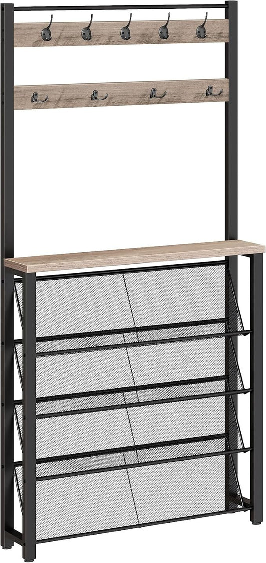HOOBRO Hall Tree with Bench, Narrow Shoe Rack with Coat Rack, Coat Rack with Shoe Storage, 5 Tier Slanted Shoe Storage Organizer, Coat and Shoe Rack Entryway, Slim Hall Tree, Greige BG20MT01