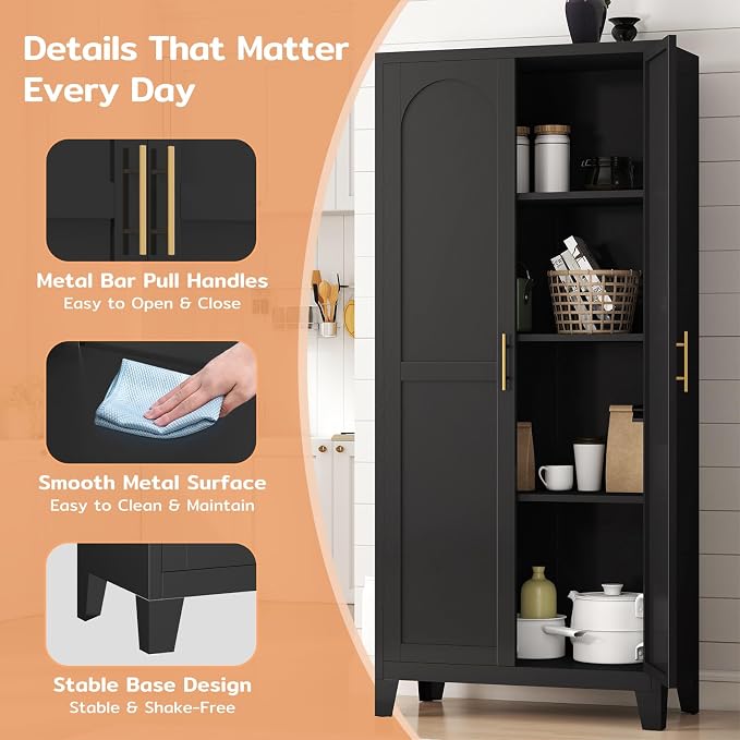 Zevemomo 61" H Metal Kitchen Pantry Cabinet, Freestanding Cupboard with 2 Doors and 3 Adjustable Shelves, Tall Metal Storage Cabinet for Kitchen, Bathroom, Dinning Room or Laundry Room （Black）