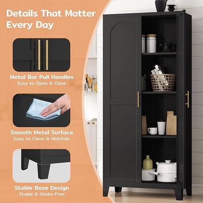 Zevemomo 61" H Metal Kitchen Pantry Cabinet, Freestanding Cupboard with 2 Doors and 3 Adjustable Shelves, Tall Metal Storage Cabinet for Kitchen, Bathroom, Dinning Room or Laundry Room （Black）