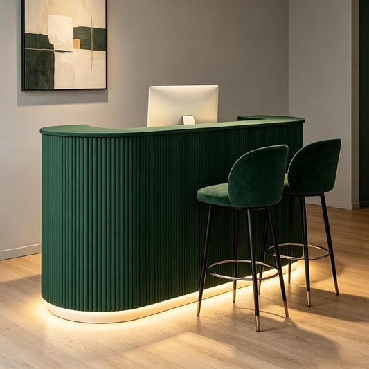 Modern Reception Desk Check Out Counter Front Desk for Spa Salon Office | Power Outlet Lockable Cabinet Keyboard Tray Privacy Panel Cable Grommet Open Storage Storage Cabinet
