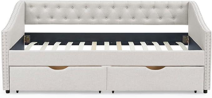 KEIKI Twin Size Upholstery Daybed with 2 Drawers and Headboard, Mid-Century Style Tufted Sofa Bed with Button on Back, Easy Assembly, No Box Spring Required, for Living Room and Bedroom, Beige