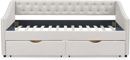 KEIKI Twin Size Upholstery Daybed with 2 Drawers and Headboard, Mid-Century Style Tufted Sofa Bed with Button on Back, Easy Assembly, No Box Spring Required, for Living Room and Bedroom, Beige