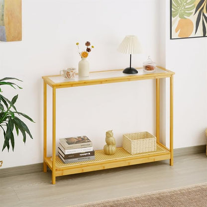 Bamboo Narrow Console Table, 39.4"(L) Wood Small Entryway Table with Rattan and Glass, Accent Slim Hallway Tables, Thin Sofa Side Tables for Hallway, Living Room, Foyer, Burlywood