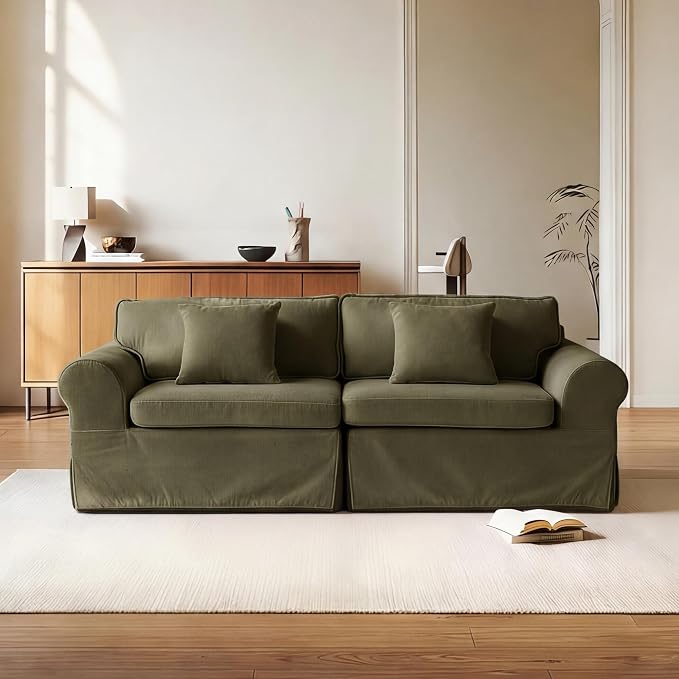 Mistpeople Modern Loveseat Sofa Couch, Upholstered Comfy Sofa with Pillows & Armrests, Deep Seating Couch with Removable Cover for Living Room Bedroom Apartment Office Small Spaces, Green 3 Seats