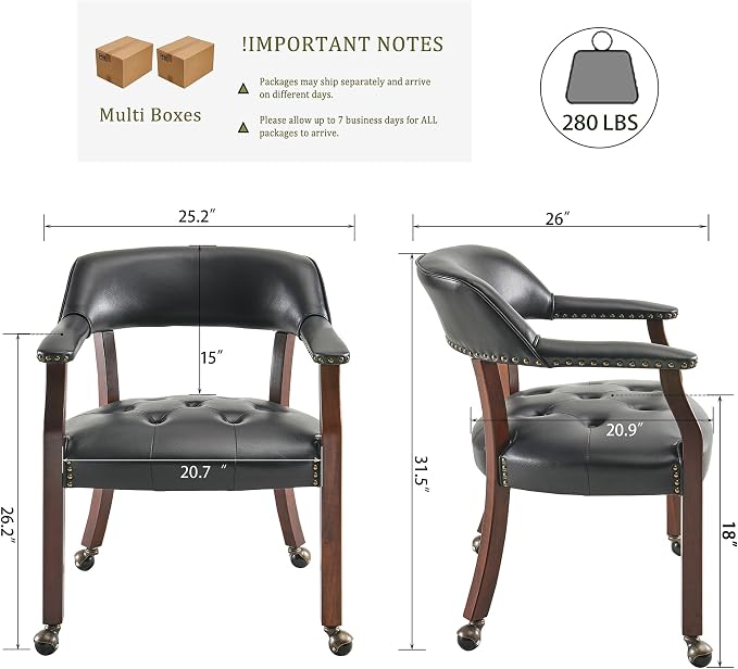 LEEMTORIG Set of 2 Large Dining Chairs with Casters and Arms, Rolling Dining Chairs with Wheels, Accent Game Table Chairs, 26" D x 25.2" W x 31.5" H, Cherry Legs & Black SY-1533-BK