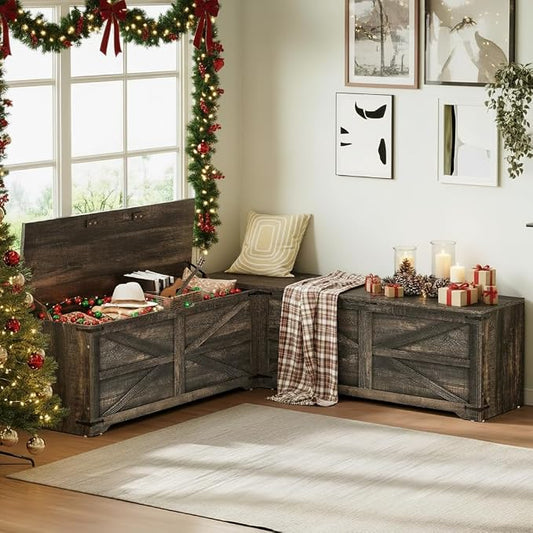 DWVO L-Shaped Storage Bench, 18" High Corner Dining Bench with Safety Hinges, Wooden Nook Chest for Living Room, Bedroom | Safety Hinges, Wooden Nook Chest for Living Room, Bedroom