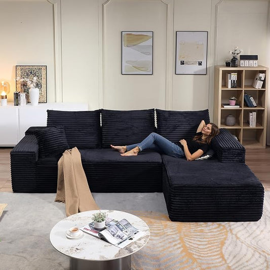 95.8" Cloud Sectional Couch with L-Shape Chaise, Modern Modular Comfy Sofa Chaise Longue, Upholstered Corduroy Couches Sleeper with Deep Seat for Living Room Bedroom, No Assembly Required, Black