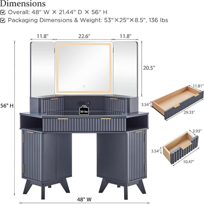 T4TREAM Fluted Makeup Vanity Desk with 3 Way Mirror and Lights, 48" Large Corner Vanity Table with Glass Top, Charging Station, 3 Drawers, Storage Cabinets & Shelves, for Bedroom, Dark Grey