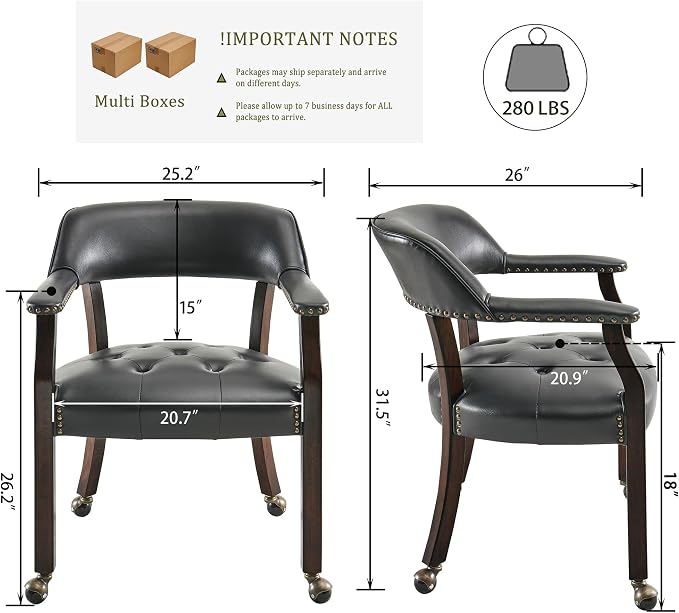 LEEMTORIG Set of 2 Dining Chairs with Casters and Arms, Large Rolling Dining Chairs with Wheels, Poker Table Chairs, Solid Wood Boss Caption's Chairs Office Chairs, Espresso Legs & Black, SY-318-BK