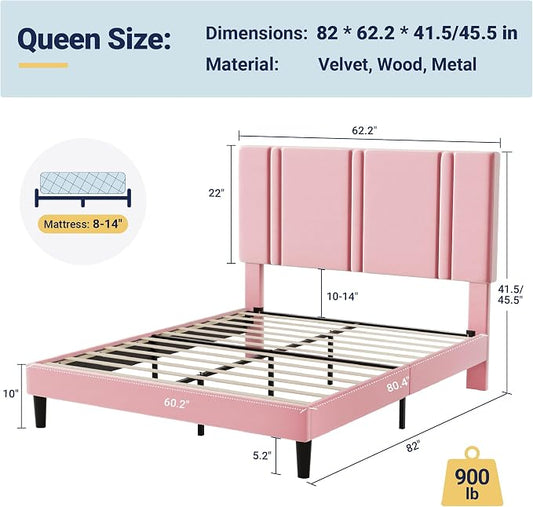 Allewie Queen Platform Bed Frame with Adjustable Headboard, Plush Velvet Upholstered, Vertical Channel Tufted, Sturdy Wooden Slats, No Box Spring Needed, Easy Assembly, Pink