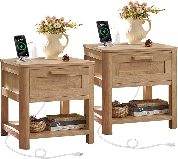 Joaxswe Farmhouse Night Stand Set of 2 with Charging Station, Wood Bed Side Tables Bedroom Set of 2 with Drawer & Open Storage Shelf, Natural Wood