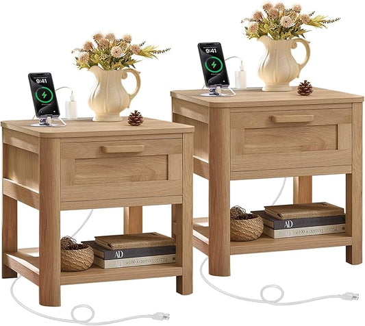 Joaxswe Farmhouse Night Stand Set of 2 with Charging Station, Wood Bed Side Tables Bedroom Set of 2 with Drawer & Open Storage Shelf, Natural Wood