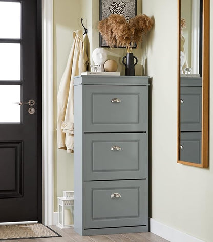 Haotian FSR94-HG, Grey Shoe Storage Cabinet with 3 Flip Drawers, Freestanding Shoe Rack, Shoe Storage Cupboard Organizer(9.4" D x 20.9" W x 46.1" H)