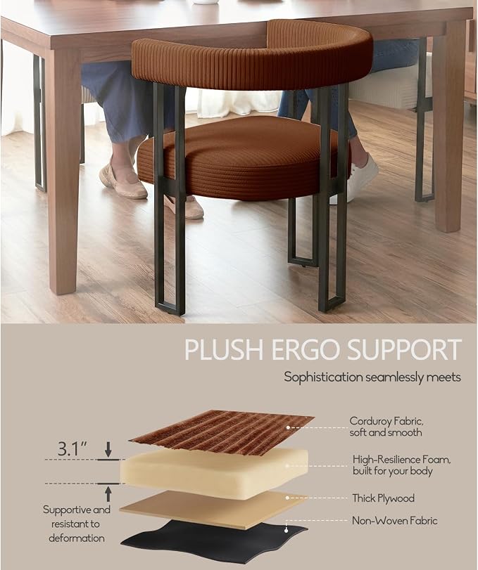 VIRRMO Boucle Dining Chair Set of 6 Corduroy Upholstered Dining Room Chairs Kitchen Chairs with Metal Legs Mid Century Modern Chair for Dining Room, Kitchen (Coffee, 6)