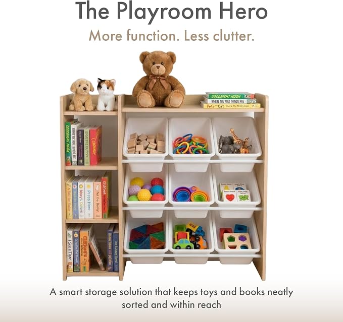 Humble Crew Toy Storage Organizer with Bookshelf, 9 Removable Storage Bins for Kids Playroom, Toy Organization and Storage, Solid Wood, Natural/White