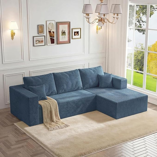108" Modular Sectional Sofa,L-Shaped Cloud Couch with Deep Seats & Chaise,Convertible Corduroy Boneless Couches for Living Room,Bedroom,No Need Assembly,Blue(Right Facing Chaise)