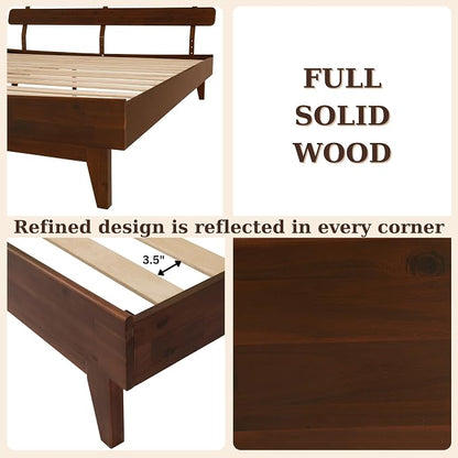 Bme Caden King Size Bed Frame and Adjustable Headboard, 15 Inch Mid Century Retro Style - Solid Acacia Wood - No Box Spring Needed - 12 Strong Wood Slat Support - Easy Assembly - Walnut