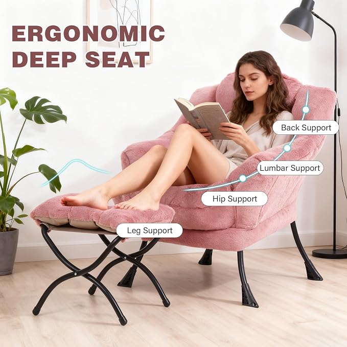 Lazy Chair with Ottoman, Modern Accent Chair Contemporary Sofa Chair with Armrests, Reading Chair and Folding Footstool Set for Living Room, Bedroom, Office