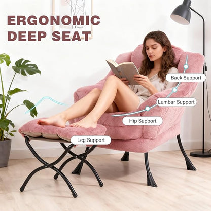 Lazy Chair with Ottoman, Modern Accent Chair Contemporary Sofa Chair with Armrests, Reading Chair and Folding Footstool Set for Living Room, Bedroom, Office
