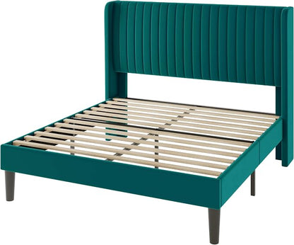 Allewie Queen Size Bed Frame/Velvet Upholstered Platform Bed/Vertical Channel Tufted Wingback Headboard/Strong Wooden Slats/No Box Spring Needed/Easy Assembly/Teal