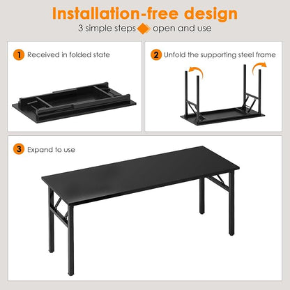 Need Folding Computer Desk, Large 62 inches Folding Table for Home Office, No Install Needed Foldable Writing Table Long Desk, Space-Saving, Black