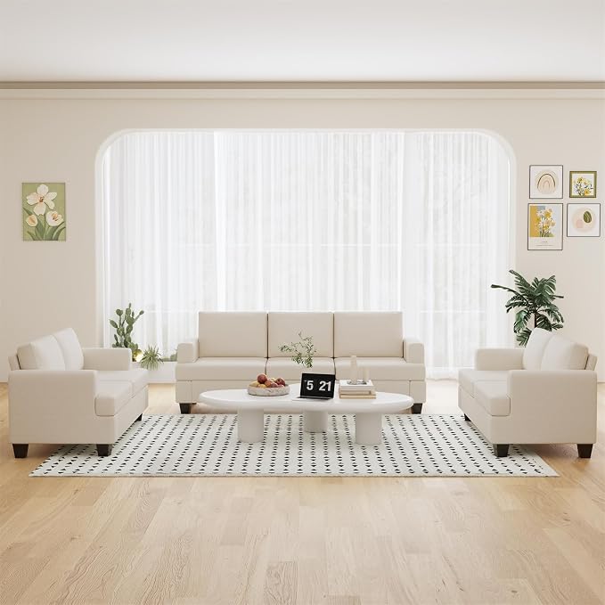 Furnimart Sectional Couches for Living Room, Modern 2 Loveseats and 3 Seater Couch, CreamDeep Seat Sofa Set, Beige Linen Sectional Sofa, Comfy Fluffy Couch with Removable Sofa Cover