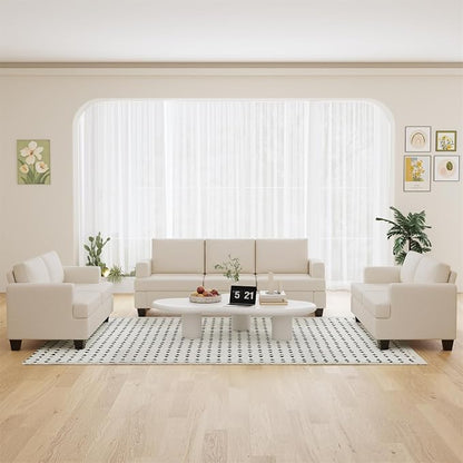 Furnimart Sectional Couches for Living Room, Modern 2 Loveseats and 3 Seater Couch, CreamDeep Seat Sofa Set, Beige Linen Sectional Sofa, Comfy Fluffy Couch with Removable Sofa Cover