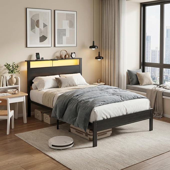 Black Twin Bed Frame with LED Lights and USB Charging Station, Modern Metal Platform Bed with Storage Headboard and Under-Bed Space, Noise Free, Sturdy Frame, No Box Spring Needed, Easy Assembly