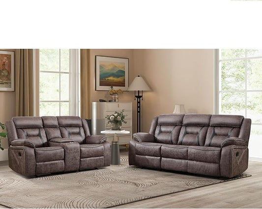 EBELLO Manual Recliner Sofa Set, Faux Leather Reclining Living Room Furniture Set, Included Loveseat and 3 Seat Manual Recliner Sofa, Grey(Loveseat+Sofa)