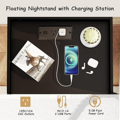 Arbuxzuy Floating Nightstand with Charging Station, Modern Wall Mounted Bedside Table with Drawer & Open Shelf, Minimalist Wooden Night Stand for Bedroom (Black)