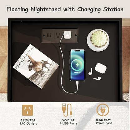 Arbuxzuy Floating Nightstand Set of 2, Wall Mounted Nightstand with Charging Station, Floating Bedside Table with Drawer, Minimalist Wooden Floating Night Stand for Bedroom (Black)