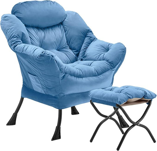 Youtanic Lazy Chair with Folding Ottoman, Accent Chair Velvet Upholstered with Metal Structure and Non-Slip Pads, Sofa Armchair with Footrest and Side Storage Bag for Dorm, Room, Office, Light Blue