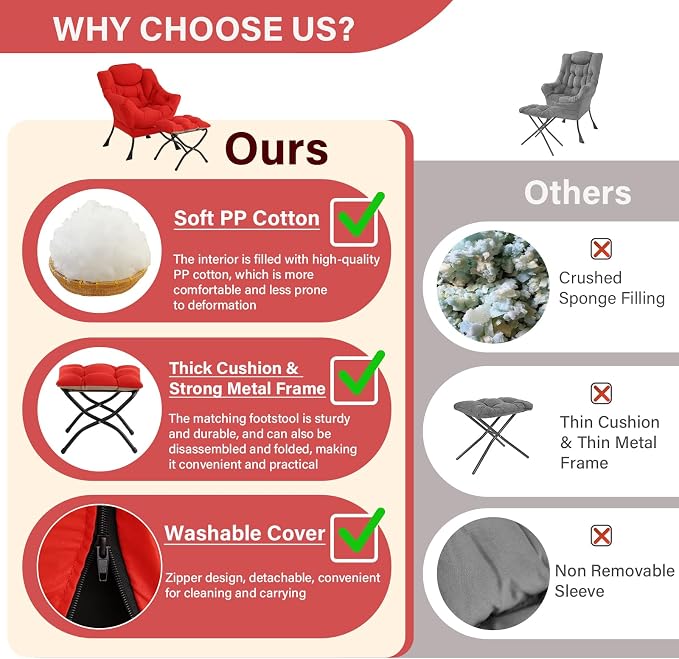 Lazy Chair with Ottoman, Modern Accent Chair Contemporary Sofa Chair with Armrests, Reading Chair and Folding Footstool Set for Living Room, Bedroom, Office, Red
