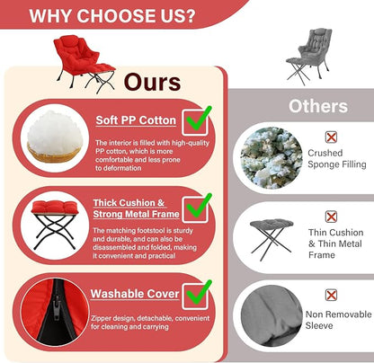 Lazy Chair with Ottoman, Modern Accent Chair Contemporary Sofa Chair with Armrests, Reading Chair and Folding Footstool Set for Living Room, Bedroom, Office, Red
