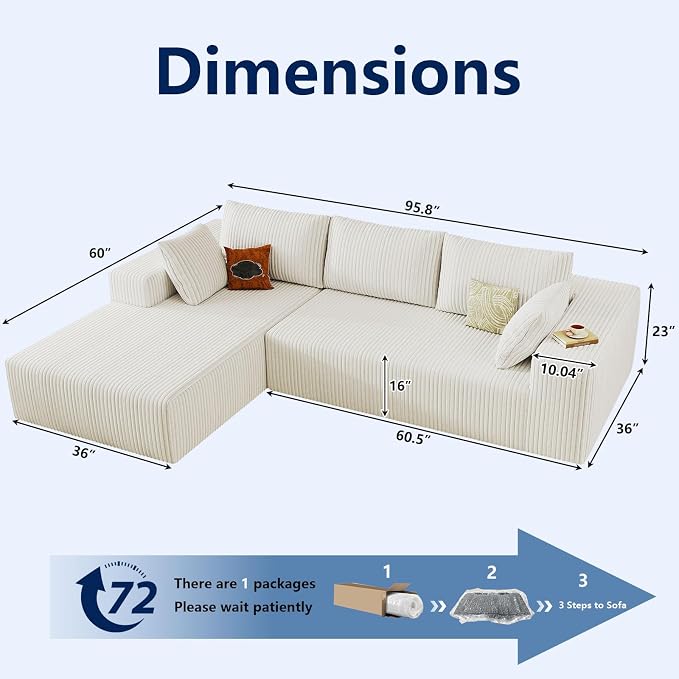 96" Modular Sectional Sofa, Modern Corduroy Cloud Couch with Deep Seat, Boneless Couch Upholstered 3-Seater L-Shaped Sofa for Living Room, No Assembly Required (White, Left-Facing Chaise)
