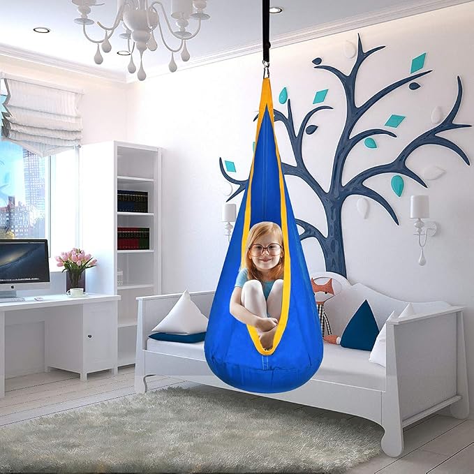 Kids Pod Swing Hanging Seat Child Hammock Chair Indoor and Outdoor Sensory Swing 100% Cotton Loading Capacity 170 lbs (Blue)