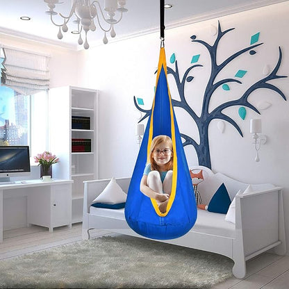 Kids Pod Swing Hanging Seat Child Hammock Chair Indoor and Outdoor Sensory Swing 100% Cotton Loading Capacity 170 lbs (Blue)