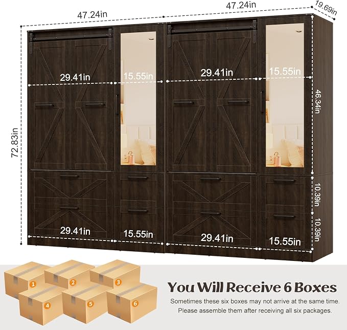 PAKASEPT Armoire Wardrobe Closet with w/Folding Sliding Barn Door | Bedroom Armoires with Mirror and LED Lights, Hanging Rod, Wardrobe Closet for Bedroom (6 Doors)