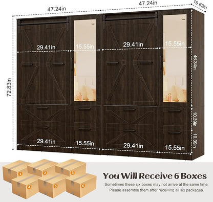 PAKASEPT Armoire Wardrobe Closet with w/Folding Sliding Barn Door | Bedroom Armoires with Mirror and LED Lights, Hanging Rod, Wardrobe Closet for Bedroom (6 Doors)