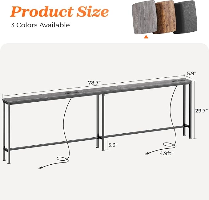SUPERJARE 79 Inch Sofa Table with 2 Power Outlets and USB-C Ports, 5.9 Inch Narrow Console Table with Storage, Long Entryway Hallway Couch Table Behind Sofa, Small Spaces, Living Room, Grey AST001H
