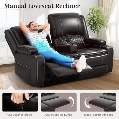 Yolsali Loveseat Recliner Sofa, Manual Reclining Loveseat with Removable Armrest, Faux Leather Recliner Loveseat for Adults with 2-Tier Cushions, USB Charging Ports, Cup Holders - Brown