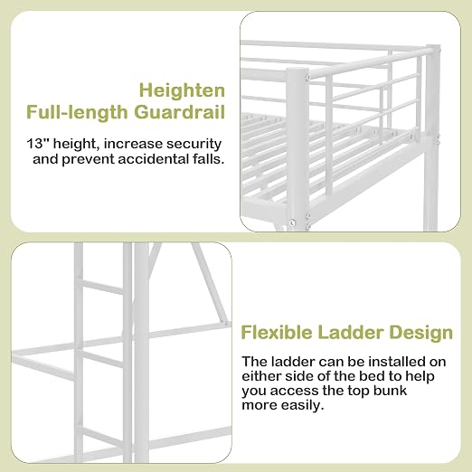 VECELO Metal Loft Bed Twin Size, Heavy Duty Bedframe with Removable Ladder and Safety Guardrail, Space-Saving, Noise Free, No Box Spring Needed, Off White
