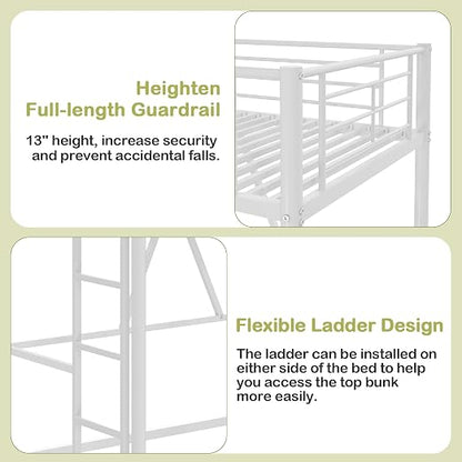 VECELO Metal Loft Bed Twin Size, Heavy Duty Bedframe with Removable Ladder and Safety Guardrail, Space-Saving, Noise Free, No Box Spring Needed, Off White