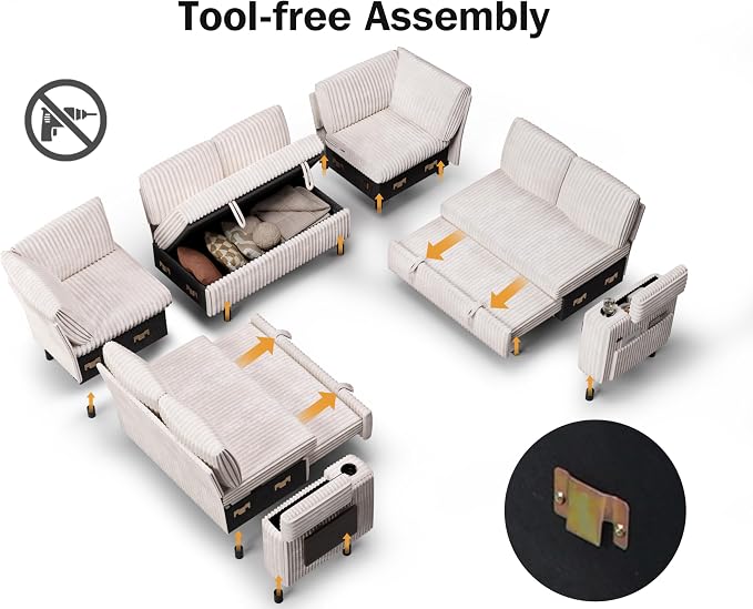 Vipbear 111" Modular Sectional Sleeper Sofa with Pull Out Bed, 8 Seat Plush Corduroy U Shaped Couch with Storage Chaise|USB Ports|Cup Holders|Side Table| Storage Armrests, Tool Free Assembly, Beige